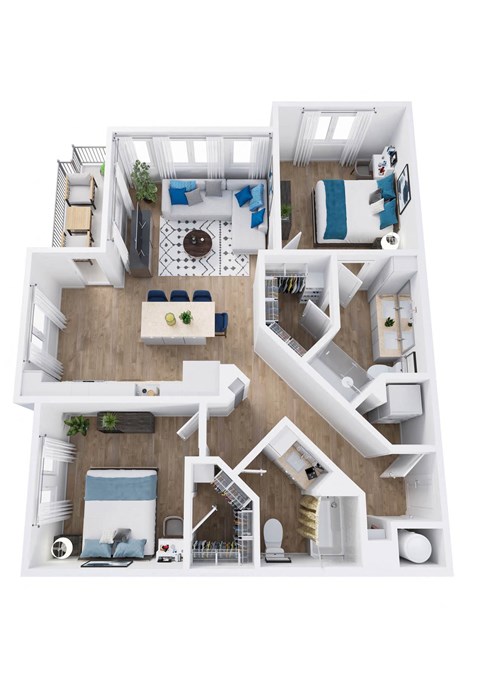 a 3d rendering of our 1 bedroom apartment at the residences at silver hill in suitland